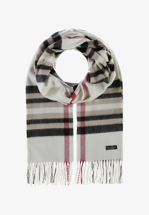 Écharpe à carreaux gris, noir et crème avec des accents rouges ; fabriquée en tissu doux et dotée d'extrémités à franges. Étiquette de la marque visible sur un bord.