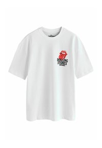Weißes Baumwoll-T-Shirt mit kurzen Ärmeln, das ein rotes und schwarzes Rolling Stones Lippen-Graphic und den Text "ROLLING STONES RECORDS" zeigt.