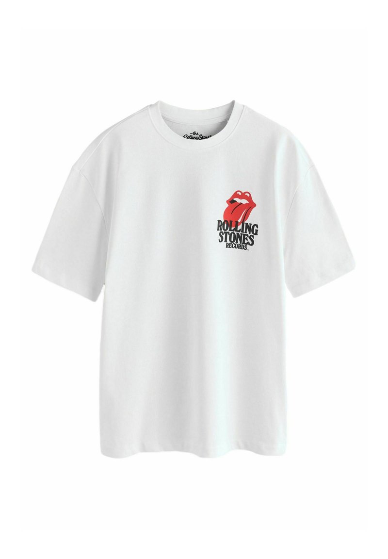 Weißes Baumwoll-T-Shirt mit kurzen Ärmeln, das ein rotes und schwarzes Rolling Stones Lippen-Graphic und den Text "ROLLING STONES RECORDS" zeigt.