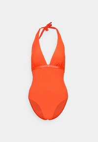 Costume intero di colore arancione vivace con scollatura a V profonda, spalline all'halter e una cintura con logo di Tommy Hilfiger.