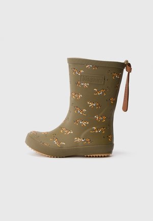 Groene rubberen regenlaars met tijgerprint, een gestructureerde zool en logodetail. Decoratief beige leren uittreklusje aan de achterkant voor gemakkelijk aan- en uittrekken.
