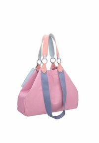 Borsa tote in canvas rosa con manici in blu chiaro e corallo. Presenta anelli metallici e una texture morbida. Forma triangolare strutturata.