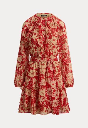 Μακρυμάνικο φόρεμα με κόκκινο και μπεζ λουλουδάτο σχέδιο, με βολάν, ζωνάκι στη μέση και φούστα σε στρώσεις.