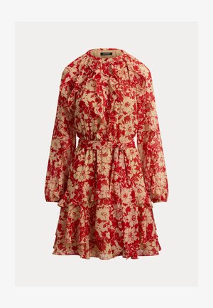 Robe à manches longues imprimée de fleurs rouges et beiges, avec volants, ceinture froncée à la taille et jupe à volants superposés.