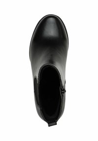 Bottine en cuir noir avec une finition lisse, bout rond et fermeture éclair intérieure. Doublure douce visible à l'ouverture. Aucun motif visible.