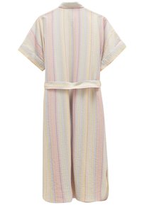Bata de algodón ligera y de punto con mangas cortas, cuello tipo solapa y un patrón de rayas en tonos pastel de rosa, amarillo y azul. Incluye un cinturón para atar.