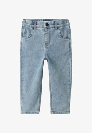 Jasnoniebieskie dżinsy z pięcioma kieszeniami, szlufkami na pasek i zapięciem na guzik. Miękka faktura z kontrastowymi szwami.