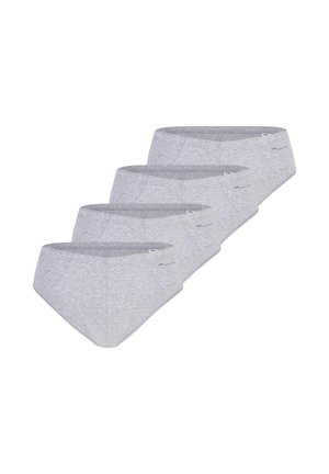Vier hellgraue Baumwollslips diagonal gestapelt, jeweils mit einem dezenten Logo im Bund.