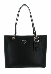 Sac fourre-tout noir en synthétique avec texture lisse, deux poignées et quincaillerie métallique. Présente un logo triangulaire et des accents de porte-clés décoratifs.