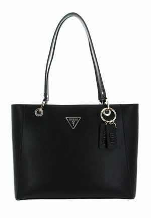 Sac fourre-tout noir en synthétique avec texture lisse, deux poignées et quincaillerie métallique. Présente un logo triangulaire et des accents de porte-clés décoratifs.