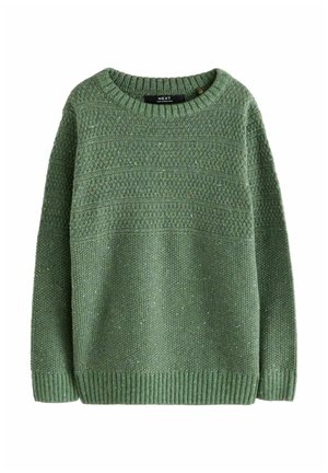Maglione verde lavorato a maglia con scollatura rotonda. Presenta motivi texturizzati sulla parte frontale, polsini e orlo a coste. Materiale morbido e traspirante.