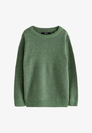 Maglione verde lavorato a maglia con scollatura rotonda. Presenta motivi texturizzati sulla parte frontale, polsini e orlo a coste. Materiale morbido e traspirante.