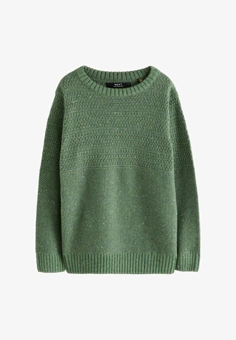 Green knitted sweater with a round neckline. Features textured patterns across the chest, ribbed cuffs, and hem. Soft, breathable material.