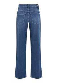 Brede blauwe denim jeans met een middelhoge taille, vijf zakken en een schone afwerking aan de zoom. De textuur is glad met een lichte stretch.