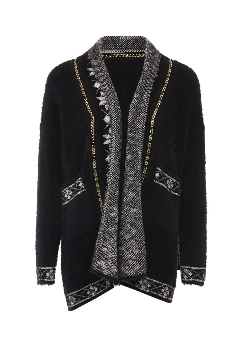 Cardigan nero peloso con colletto a scialle grigio a fantasia, caratterizzato da accenti decorativi in catena e due tasche a toppa con design geometrici.