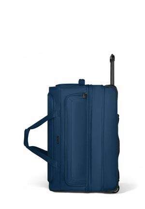 Blue soft-sided rolling suitcase with extended telescopic handle, front zippered pocket, and dual carrying straps on a white background.