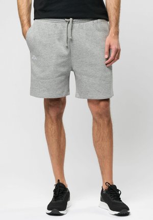 Shorts de sport gris en mélange de coton doux, avec une taille élastique, un cordon de serrage, des poches latérales et un petit logo sur la jambe.