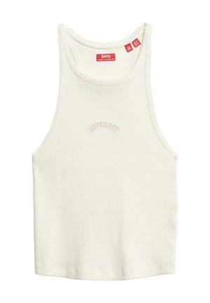 Hvid ribbet tanktop med scoop-udskæring, der har en diskret "Superdry" logo brodering i beige på forsiden. Blød tekstur.