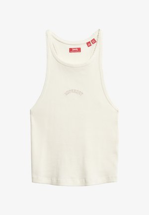 Camiseta sin mangas de color blanco con escote redondeado, que presenta un sutil bordado del logo "Superdry" en beige en la parte frontal. Textura suave.
