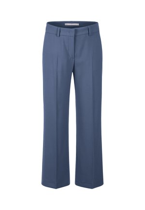 Blue tailored straight-leg trousers with front crease, belt loops, and concealed front fastening.