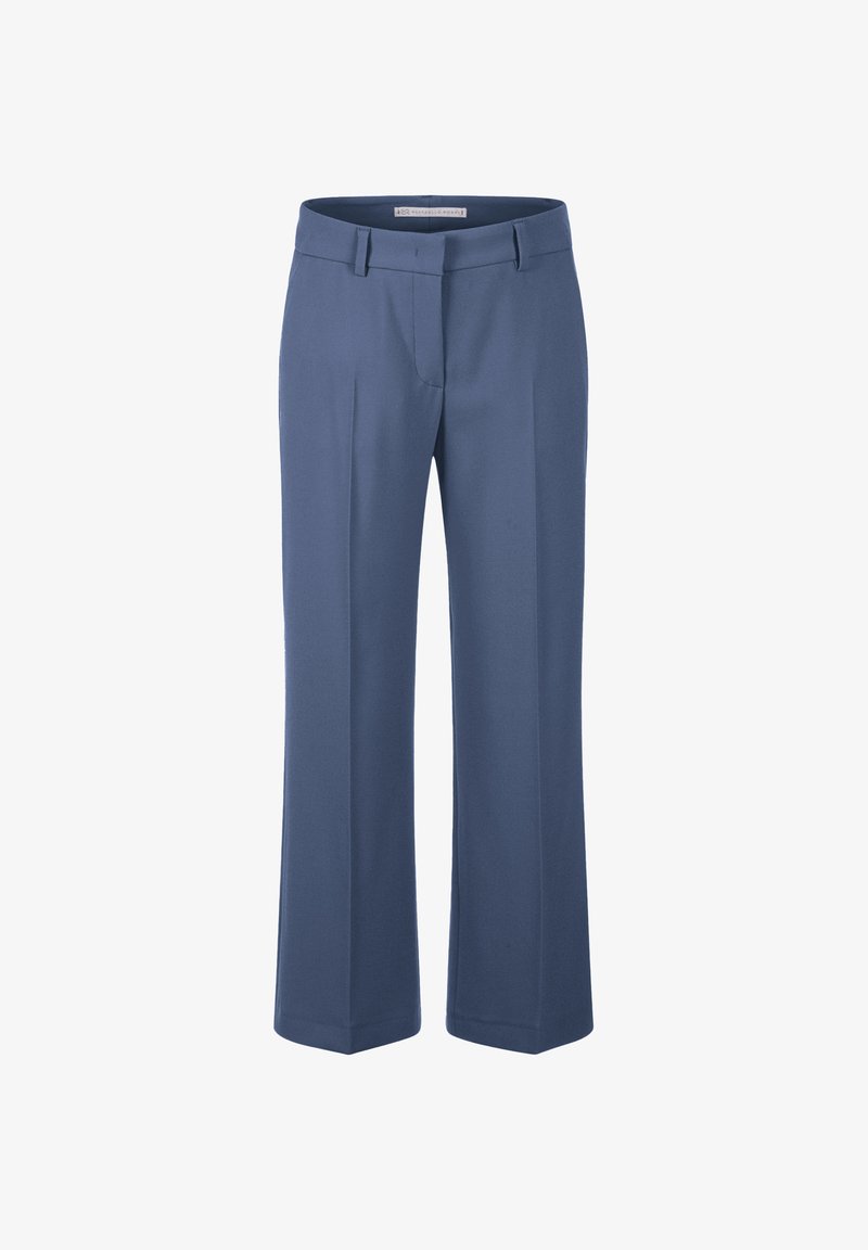 Blue tailored straight-leg trousers with front crease, belt loops, and concealed front fastening.