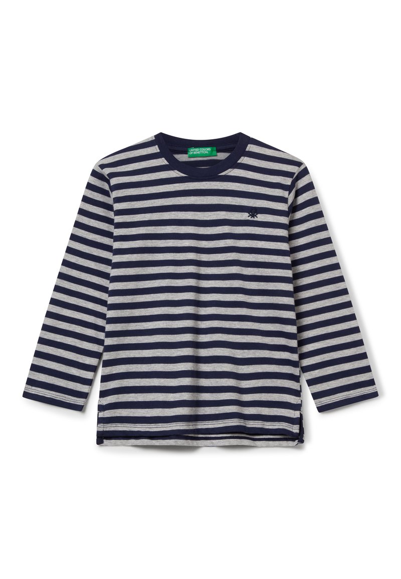 Maglietta a maniche lunghe a righe in blu navy e grigio. Tessuto morbido con scollatura rotonda e un piccolo logo sul petto. Vestibilità classica.