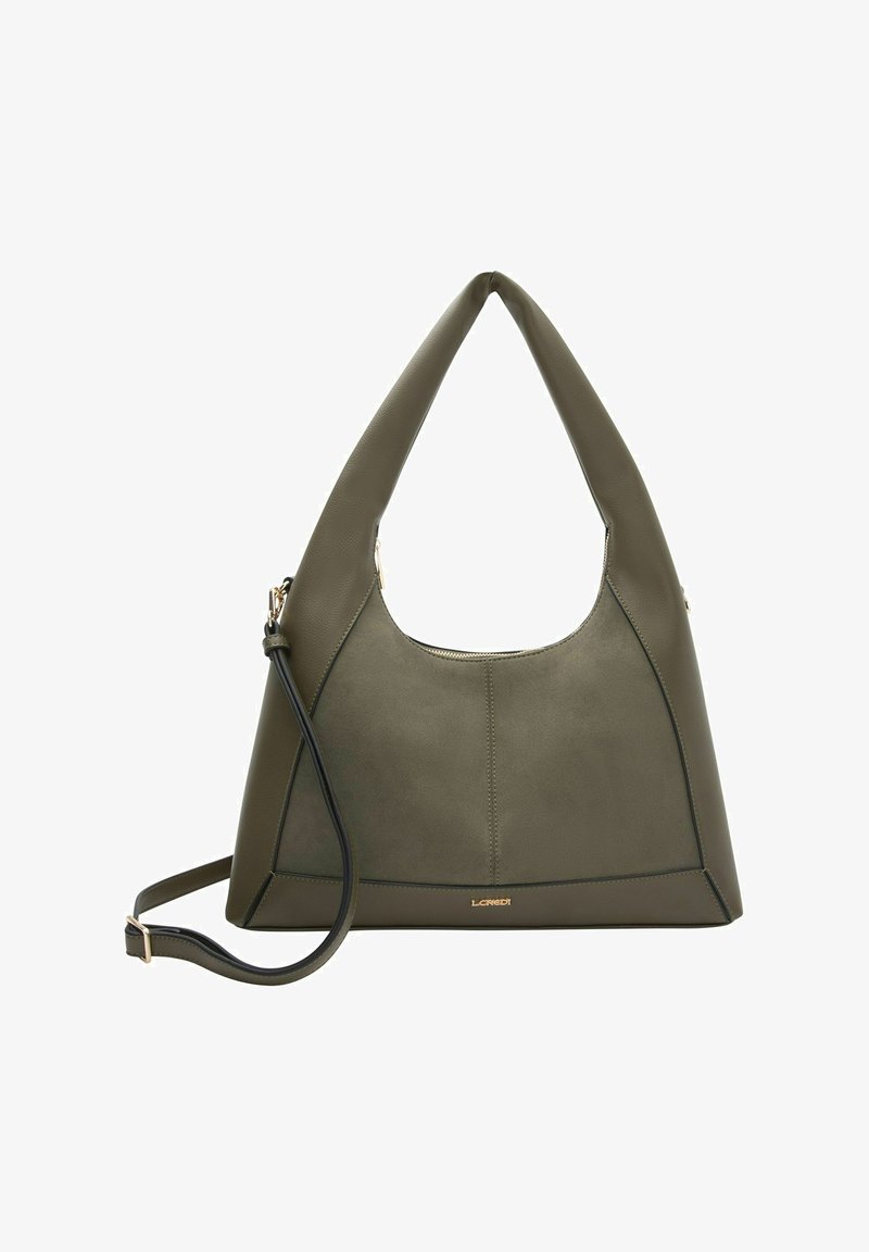 Borsa a tracolla verde oliva realizzata in pelle sintetica, con design hobo e manico curvo. Include una tracolla rimovibile. Dettagli in metallo dorato.