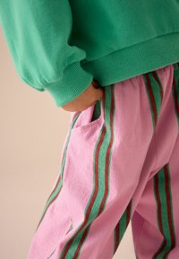 Roheline fliisist dressipluus õhupalli varrukatega, millele on lisatud roosad tekstuuriga püksid, millel on vertikaalsed punased ja rohelised triibud ning küljetaskud.