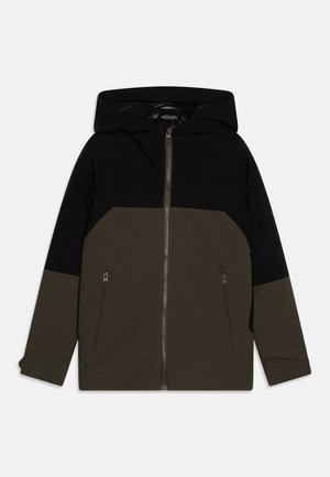 Zwarte en olijfgroene hoodie met volledige rits aan de voorkant en twee met rits afsluitbare zijzakken, afgebeeld op een effen achtergrond.