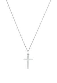 Silbernes Kreuzanhänger an einer dünnen, filigran gewobenen Kette. Das Kreuz hat eine polierte Oberfläche, die einen reflektierenden Glanz mit minimalen Details erzeugt.