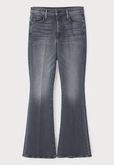 Flared dark gray denim jeans with a mid-rise waist, featuring classic five-pocket design and subtle whiskering on the front.