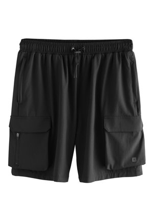 Sorte herre cargo shorts med elastisk talje, snor, to store forlommer med klap og lynlåslomme på venstre side.