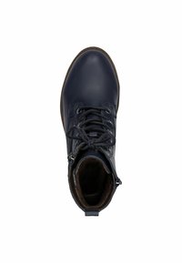 Botine din piele bleumarin, cu varf rotund, siret în față, detalii cu fermoar metalic și interior moale de culoare maronie. Suprafață texturată.