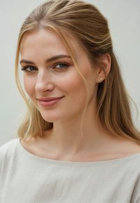 Guld fiskformad stiftörhänge på en modell med långt blont hår, iklädd en ljusbeige båtkrags topp mot en neutral bakgrund.