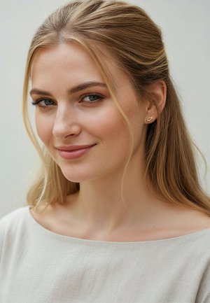 Guld fiskformad stiftörhänge på en modell med långt blont hår, iklädd en ljusbeige båtkrags topp mot en neutral bakgrund.