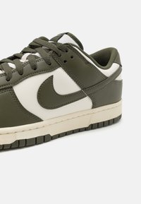 Grønne og hvide sneakers med en overdel i læder, polstret krave og gummi sål. Har et fremtrædende Nike-logo på siden.
