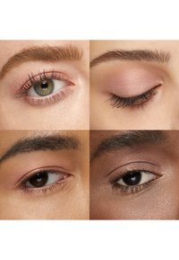 Vier close-upbeelden van diverse ogen met natuurlijke make-up, die verschillende huidtinten en oogkleuren tonen, met één oog gesloten.