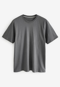 Graues, kurzärmliges T-Shirt aus Baumwolle mit rundem Ausschnitt und glatter Textur. Hat eine normale Passform und keine sichtbaren Designs oder Muster.