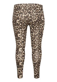 Leggings imprimé léopard en tissu lisse et extensible dans des tons de beige, marron et noir, avec une coupe ajustée et fuselée.