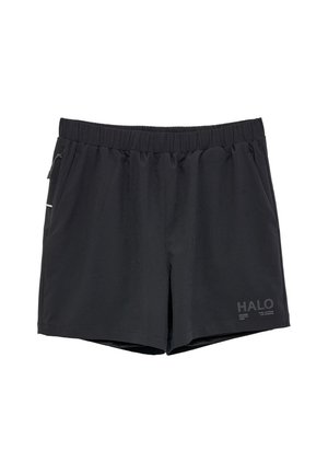 Sort atletisk shorts med elastisk talje, sidelomme med lynlås og "HALO" logo trykt på venstre forsiden af benet.