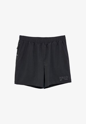 Sort atletisk shorts med elastisk talje, sidelomme med lynlås og "HALO" logo trykt på venstre forsiden af benet.