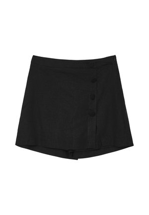 Black skirt made of textured fabric, featuring a A-line shape, button detailing on the front, and a side zipper closure.