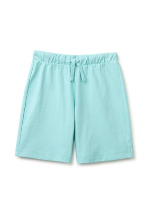 Lichtblauwe knielange short met elastische tailleband en koord aan de voorkant op een witte achtergrond.