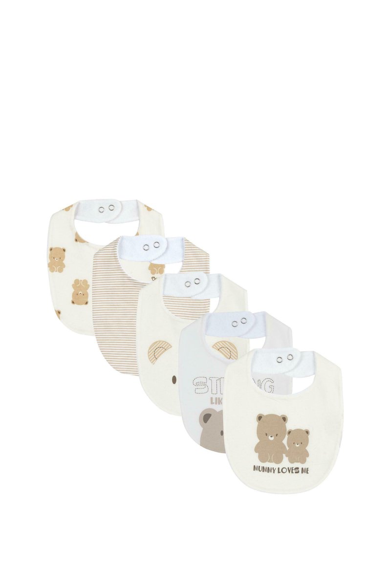 Set of five baby bibs in soft cotton. Colors include beige, white, and light gray. Features bear motifs and text accents. Adjustable snap closures.