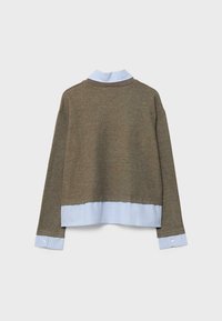 Brauner Strickpullover mit einem hellblauen gestreiften Unterlayer und Bündchen, runder Halslinie und lockerer Passform.