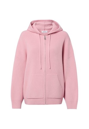 Zachte roze gebreide zip-up hoodie met voorzakken, lange mouwen en capuchon met trekkoord, ontworpen voor casual gebruik.