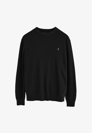 Maglione nero lavorato a maglia con scollatura a girocollo, maniche lunghe e un piccolo logo ricamato sul lato sinistro del petto. Presenta polsini e orlo a costine.
