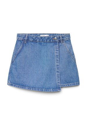 Minigonna in denim blu con chiusura frontale a bottoni, passanti per cintura, due tasche laterali e dettagli di scolorimento delicato.