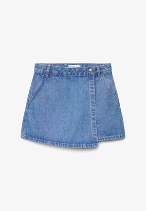 Blue denim mini skirt with front button closure, belt loops, two side pockets, and subtle fading details.