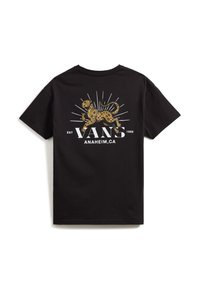 Camiseta de algodón negra con un gráfico de un leopardo dorado y texto "VANS" en blanco. El diseño incluye rayos que se extienden desde la ilustración del leopardo.